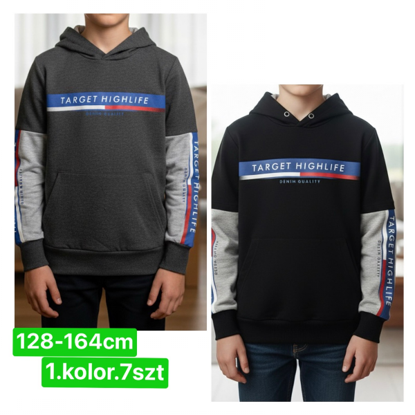 Bluzy chłopięce Roz 128-164, 1 kolor Paczka 7 szt